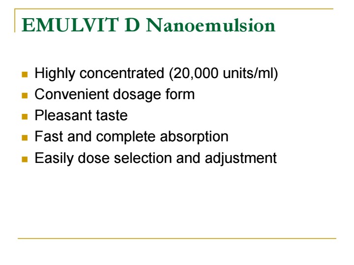 Key benefits of Emulvit‑D nanoemulsion including fast absorption and convenient dosing