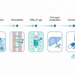 Diagram of oral drug bioavailability showing dissolution, intestinal permeability, efflux transport (P‑gp), first‑pass metabolism, formulation effects, and entry into systemic circulation.