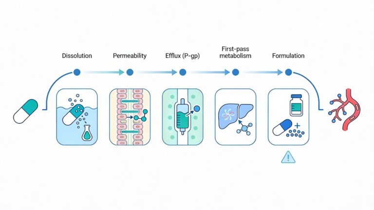 Diagram of oral drug bioavailability showing dissolution, intestinal permeability, efflux transport (P‑gp), first‑pass metabolism, formulation effects, and entry into systemic circulation.