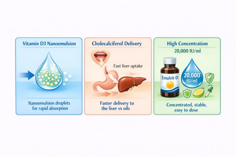 Three-panel infographic showing Emulvit-D Vitamin D3 nanoemulsion: rapid absorption droplets, fast cholecalciferol delivery to the liver, and high concentration 20,000 IU/ml.