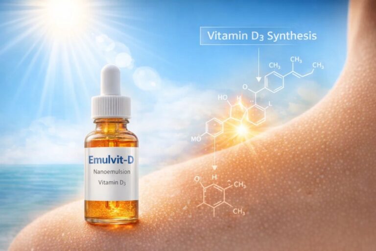 Emulvit-D bottle with sunlight and vitamin D3 synthesis diagram on skin