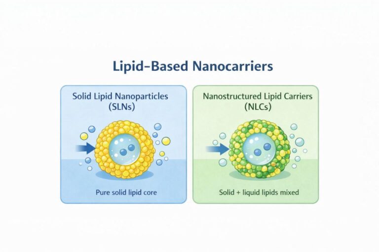 Infographic showing Lipid‑Based Nanocarriers: Solid Lipid Nanoparticles (SLNs) and Nanostructured Lipid Carriers (NLCs)