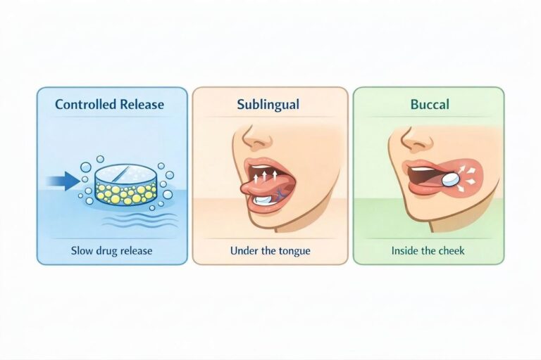 Infographic showing three drug delivery methods: controlled release via tablet matrix, sublingual absorption under the tongue, and buccal delivery inside the cheek.