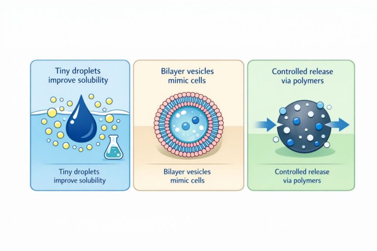 “Infographic showing three drug delivery systems: nanoemulsions with dispersed oil droplets, liposomes with bilayer vesicles, and nanoparticles with controlled release.